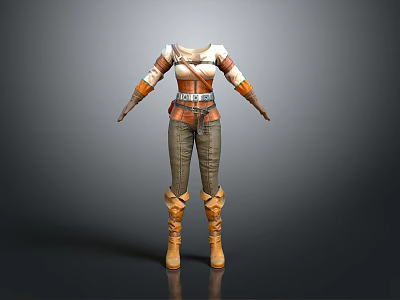 Woman Wearing White Brown Long Sleeve Top Belted Waist Textured Pants Brown Knee High Boots 3d model