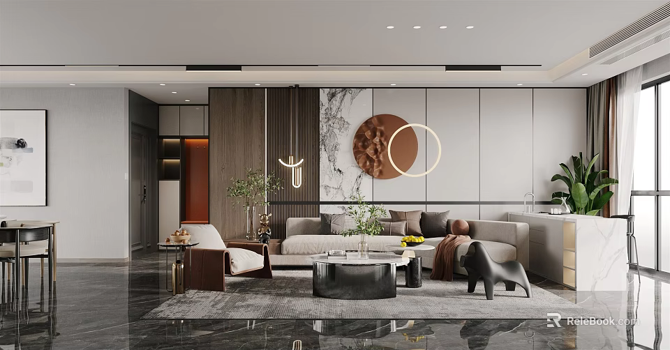 Modern Living Room Interior Design With Sofa Coffee Table Marble Wall And Circular Decor 3d model