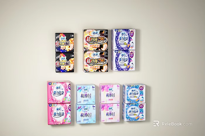Colorful Sanitary Pad Packages Collection From Various Brands For Display Assortment 3d model 