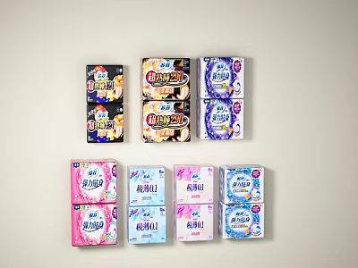 Colorful Sanitary Pad Packages Collection From Various Brands For Display Assortment 3d model