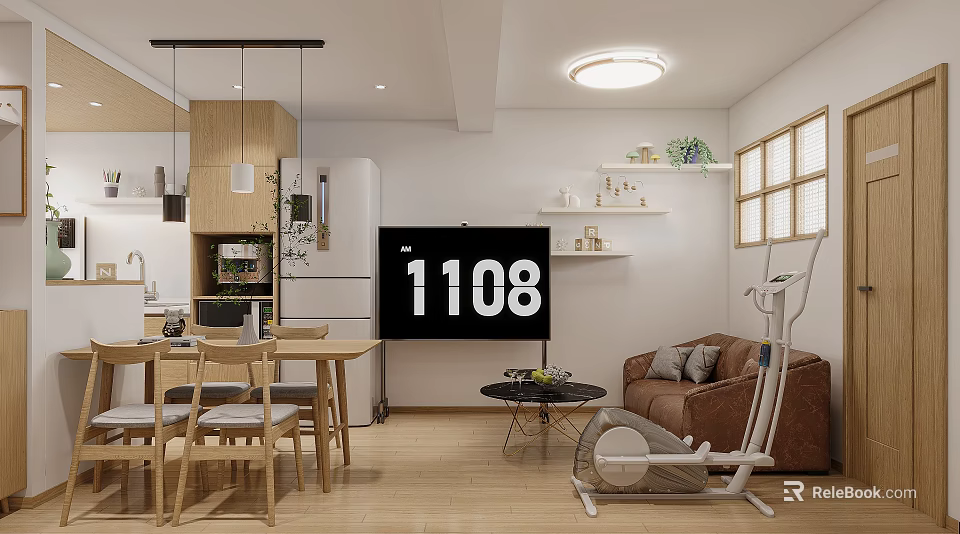 Open Plan Living Dining Room Interior With Dining Table Chairs Sofa TV Pendant Lights And Decorative Shelves 3d model 