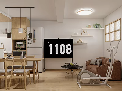 Open Plan Living Dining Room Interior With Dining Table Chairs Sofa TV Pendant Lights And Decorative Shelves 3d model