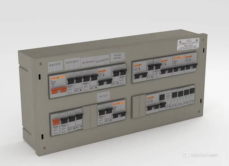 Gray Electrical Switch Panel With Multiple Circuit Breaker Modules And Clear Labels 3d model