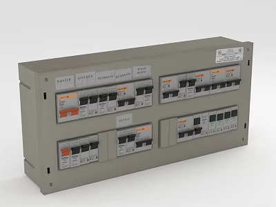 Gray Electrical Switch Panel With Multiple Circuit Breaker Modules And Clear Labels 3d model