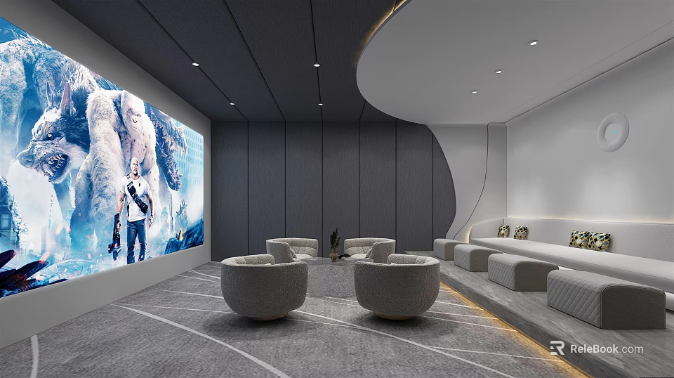 Modern Home Theater With Large Projection Screen Gray Walls Curved Ceiling And Comfortable Seating 3d model 