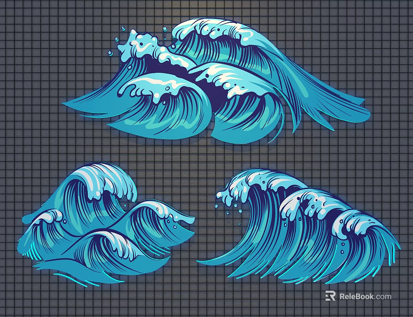 Artistic Blue Wave Wall Decor Set of Three Wavy Patterns Design 3d model