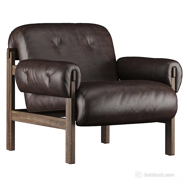 Classic Leather Leisure Chair With Wooden Frame Tufted Backrest And Armrests 3d model 