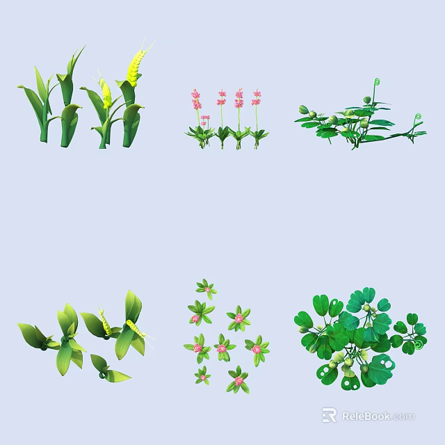 Diverse Plant Combination With Green Leaves Pink Flowers And Clover Varieties 3d model 