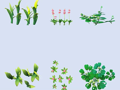 Diverse Plant Combination With Green Leaves Pink Flowers And Clover Varieties 3d model