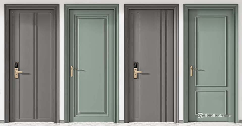 Modern Hinged Doors in Gray and Light Green with Golden Handles for Interior Design 3d model 
