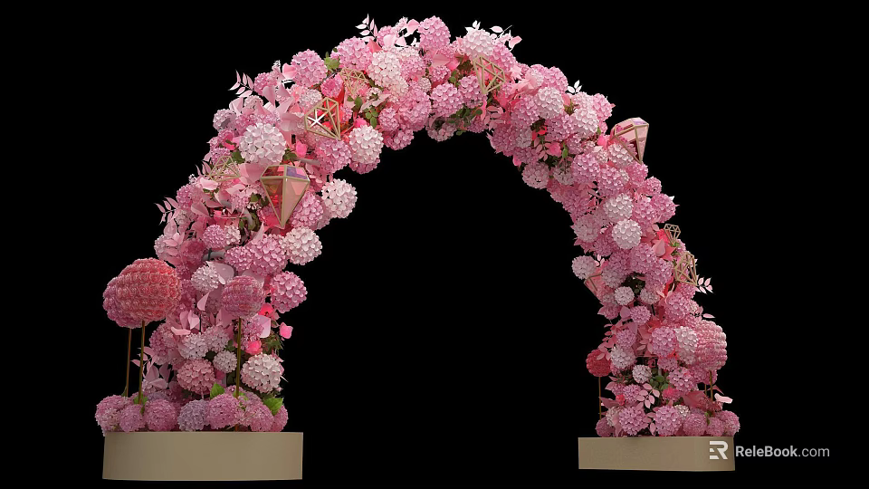 Pink Floral Event Entrance Arch With Decorative Flowers And Ornaments 3d model 