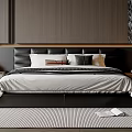 Modern Double Bed With Dark Headboard Multiple Pillows And Striped Rug In Stylish Bedroom