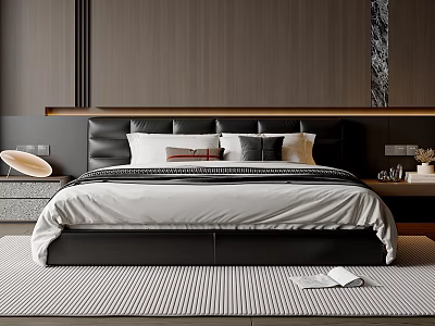 Modern Double Bed With Dark Headboard Multiple Pillows And Striped Rug In Stylish Bedroom 3d model
