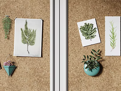 Corkboard Wall Decor With Plant Prints And Potted Plants 3d model