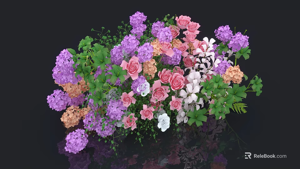 Colorful Flowers Bouquet With Purple Pink White Orange Blooms And Green Leaves 3d model 