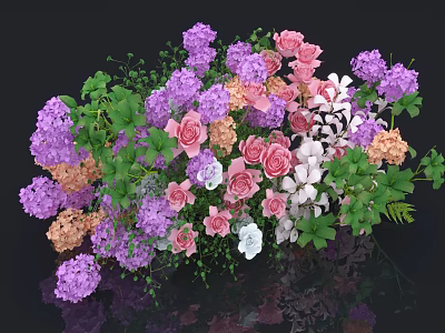Colorful Flowers Bouquet With Purple Pink White Orange Blooms And Green Leaves 3d model