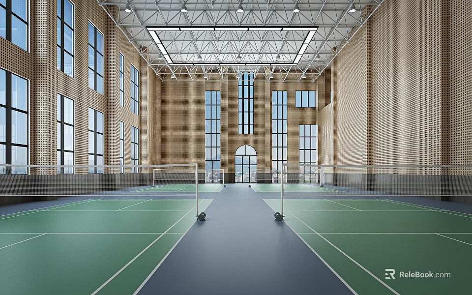 Indoor Badminton Court Space For Sports Fitness With Bright Windows And Modern Ceiling Design 3d model 