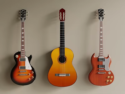 Different Types of Guitars Hanging on Wall Acoustic and Electric Models 3d model
