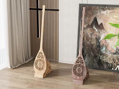 Lute Shaped Wooden Decorative Ornament Set with Carved Patterns for Home Decor 3d model