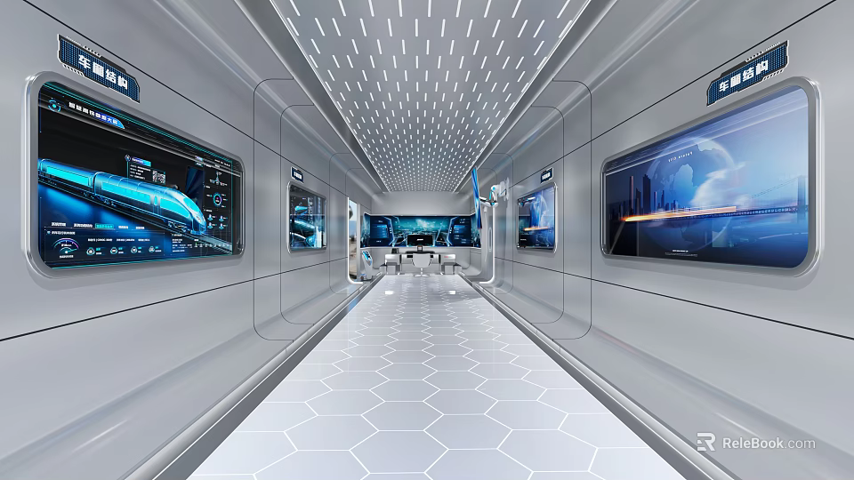High Tech Control Room With Multiple Screens Hexagonal Floor White Walls And Ceiling Lights 3d model 