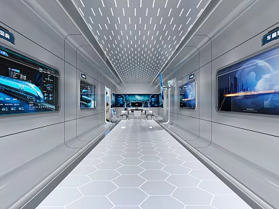High Tech Control Room With Multiple Screens Hexagonal Floor White Walls And Ceiling Lights 3d model