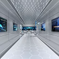 High Tech Control Room With Multiple Screens Hexagonal Floor White Walls And Ceiling Lights