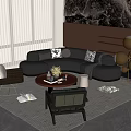 Modern Curved Sofa and Round Coffee Table Set with Pillows Decorative Plant and Woven Chairs