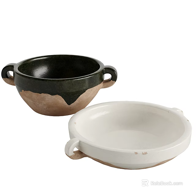 Rustic Handmade Ceramic Bowls With Black And White Handles For Kitchen Tableware 3d model 