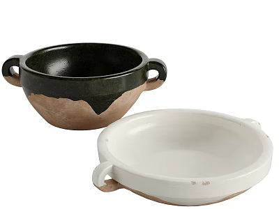 Rustic Handmade Ceramic Bowls With Black And White Handles For Kitchen Tableware 3d model
