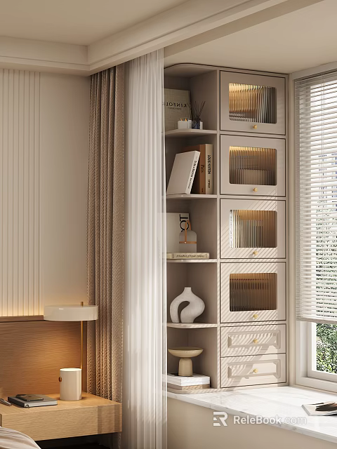 Modern Minimalist Light Wood Storage Cabinet With Open Shelves Lattice Doors Books And Vase 3d model 