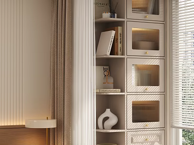 Modern Minimalist Light Wood Storage Cabinet With Open Shelves Lattice Doors Books And Vase 3d model