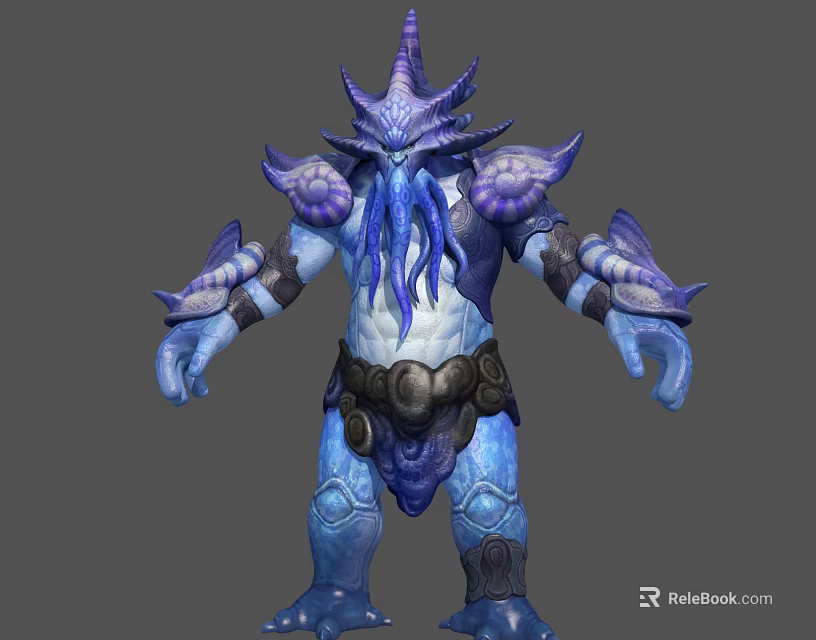 Fantasy Character Model Of Mythical Tentacled Creature With Purple Blue Armored Scaled Body 3d model 