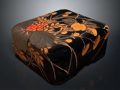 Black Decorative Floor Cushion With Golden Leaf And Red Flower Patterns For Traditional Home Decoration 3d model