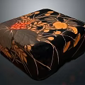 Black Decorative Floor Cushion With Golden Leaf And Red Flower Patterns For Traditional Home Decoration