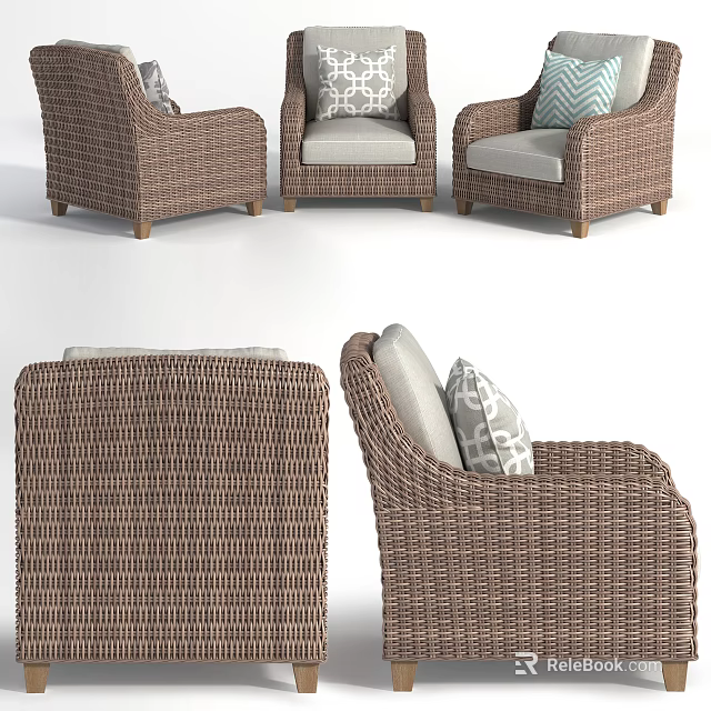 Brown Wicker Outdoor Sofa With Light Colored Cushions And Comfortable Design 3d model 