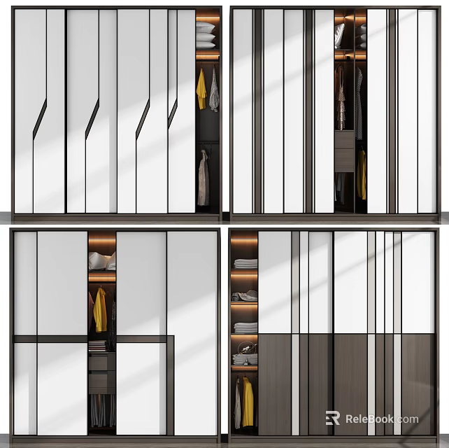 Modern Wardrobe Design With Sliding Glass Doors Black Frame And Interior Storage Shelves 3d model 