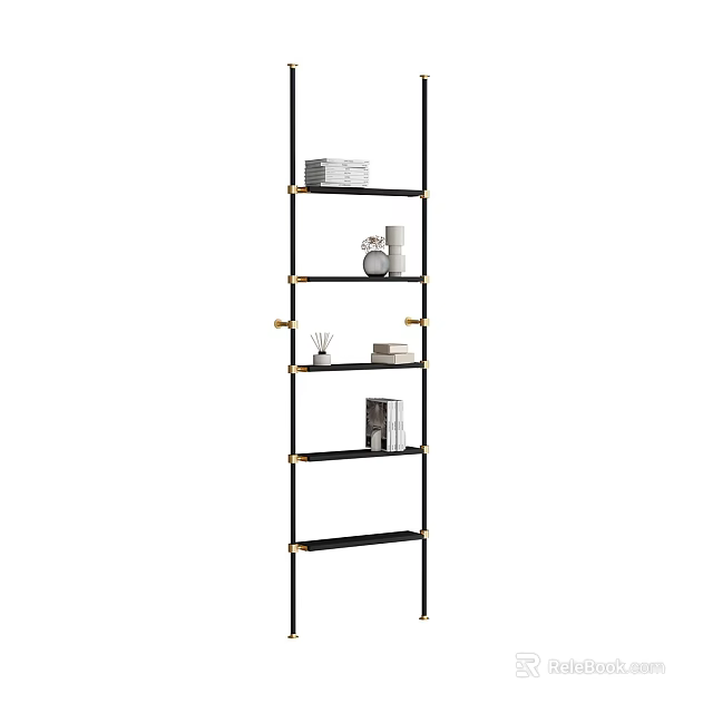 Sleek Modern Black Gold Metal Frame Bookshelf With Open Shelves And Decorative Items 3d model 