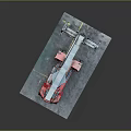 Red And Blue Heavy Duty Forklift With Crane Arm On Gray Platform