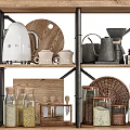 Organized Kitchenware Display On Wooden Metal Shelf With Kettle Jars And Cutting Board