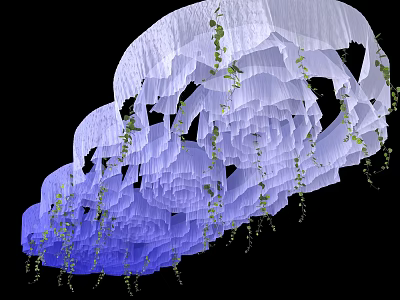 Elegant Layered Ceiling Drapery With White And Purple Fabric And Green Vines 3d model