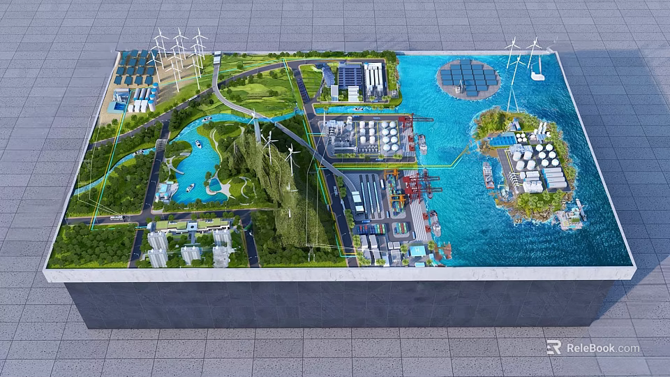 Sustainable Energy Model With Solar Panels Wind Turbines And Green Spaces 3d model 