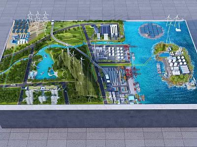 Sustainable Energy Model With Solar Panels Wind Turbines And Green Spaces 3d model