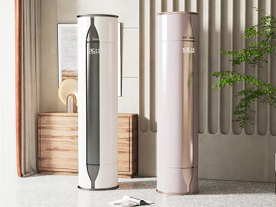 Tower Air Cooler Fans Two in White Black Pink for Modern Interior with Green Plant 3d model