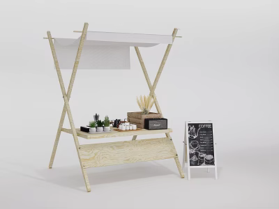 Portable Wooden Foldable Stand With Small Potted Plants Tissue And Blackboard 3d model