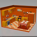 Colorful Kitchen Furniture With Orange Red Cabinets Dining Table And Checkerboard Floor
