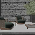 Outdoor Chairs With Green Cushions Wooden Armrests Round Design Stone Wall Background And Green Plants