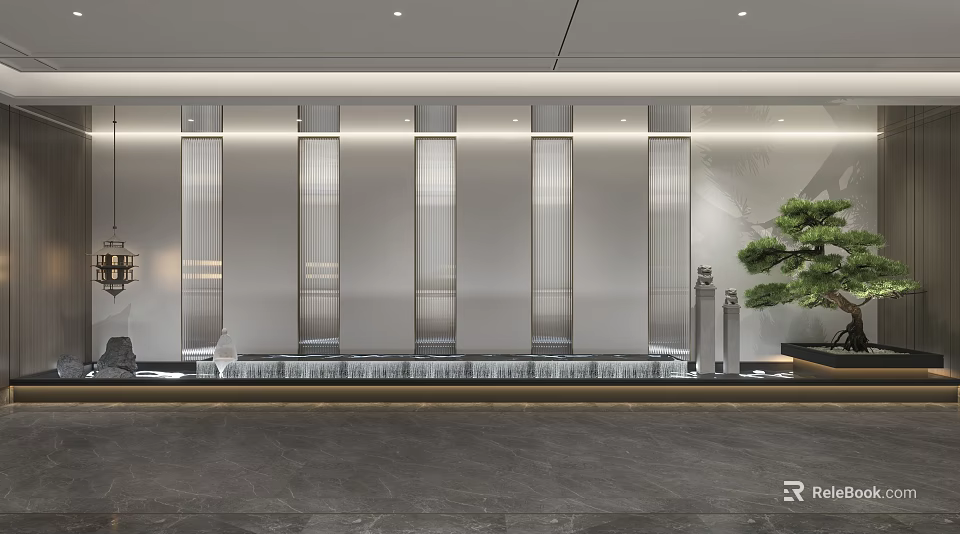 Modern Office Landscape With Vertical Panels Water Feature And Potted Tree 3d model 