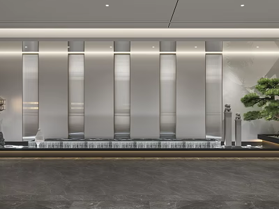 Modern Office Landscape With Vertical Panels Water Feature And Potted Tree 3d model