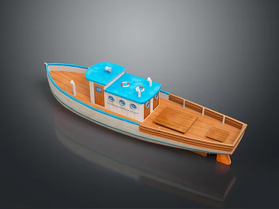 Small Wooden Boat With Blue Top White Hull And Wooden Deck 3d model