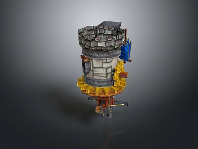 Medieval Stone Castle Tower Structure With Yellow Platform Blue Flag And Wooden Supports 3d model